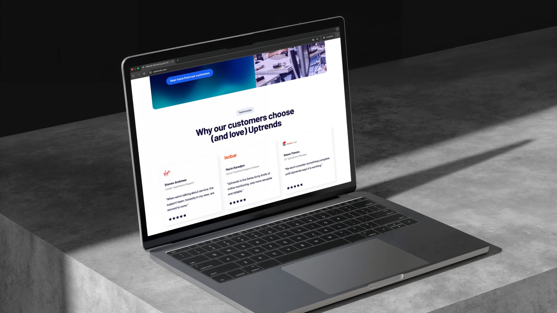 ITRS Uptrends customer testimonial component mockup